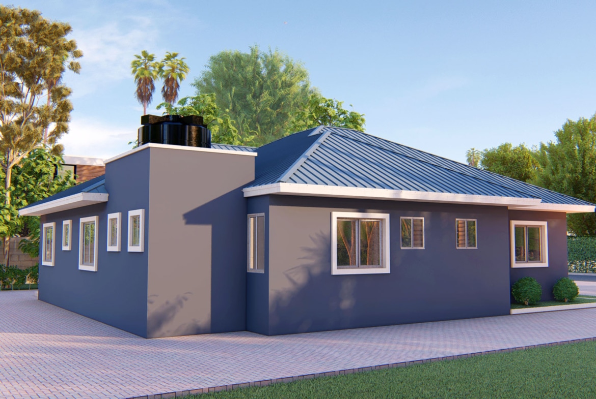 Modern 4-bedroom family house with blue roof in a scenic setting