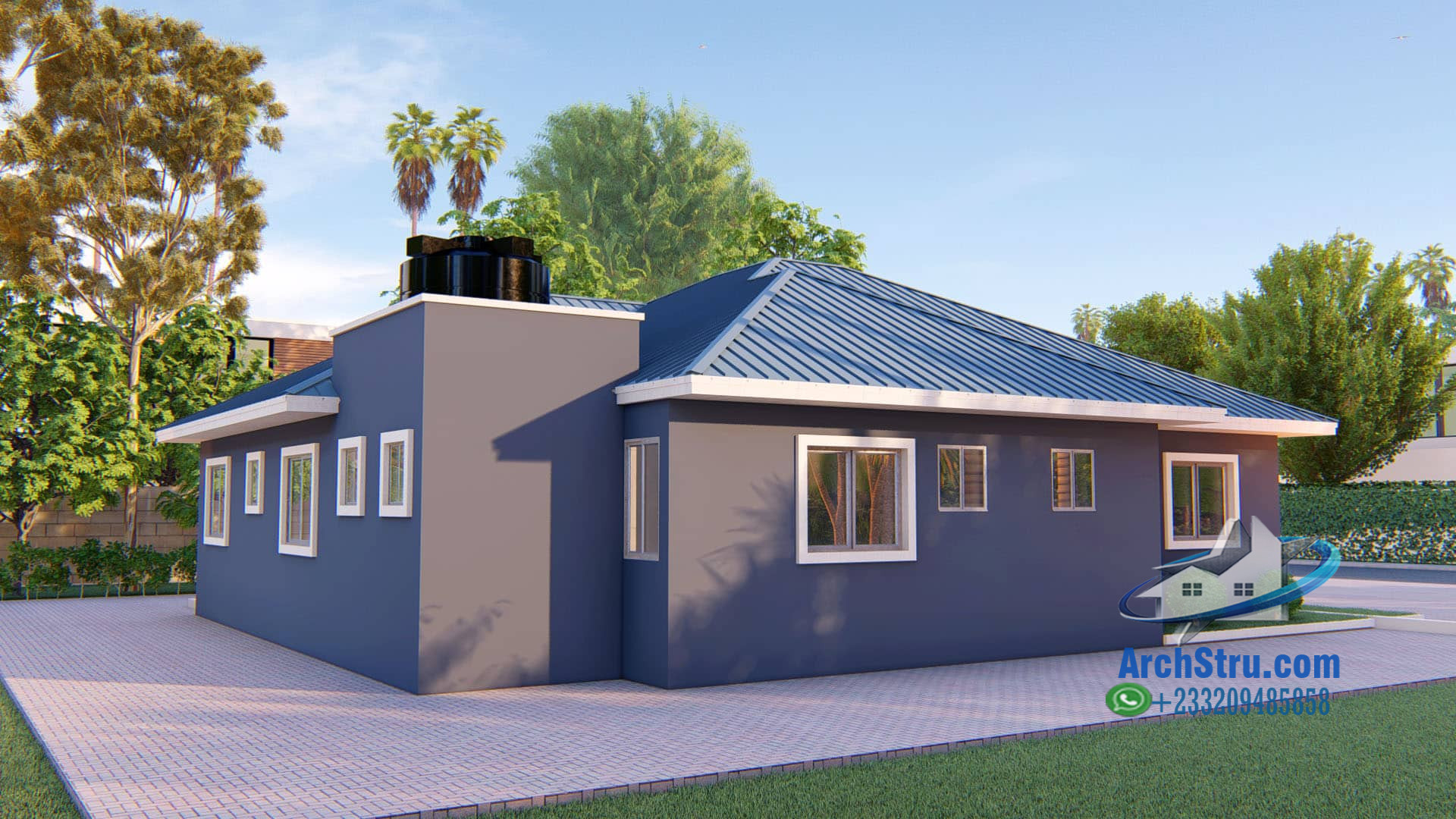 4-Bedroom Modern Family House Plan Modern 4-bedroom family house with blue roof in a scenic setting
