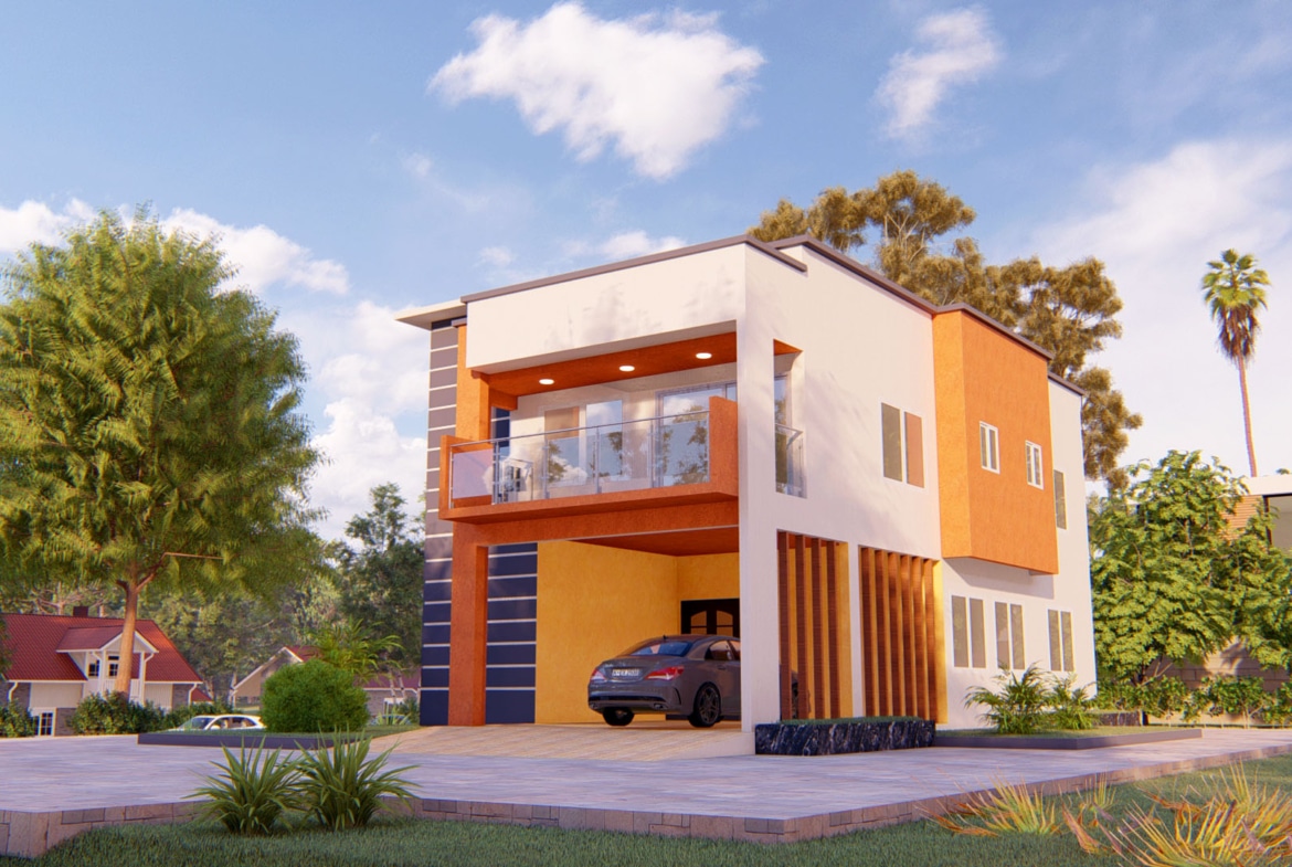 Modern 4-bedroom house with a large balcony and driveway