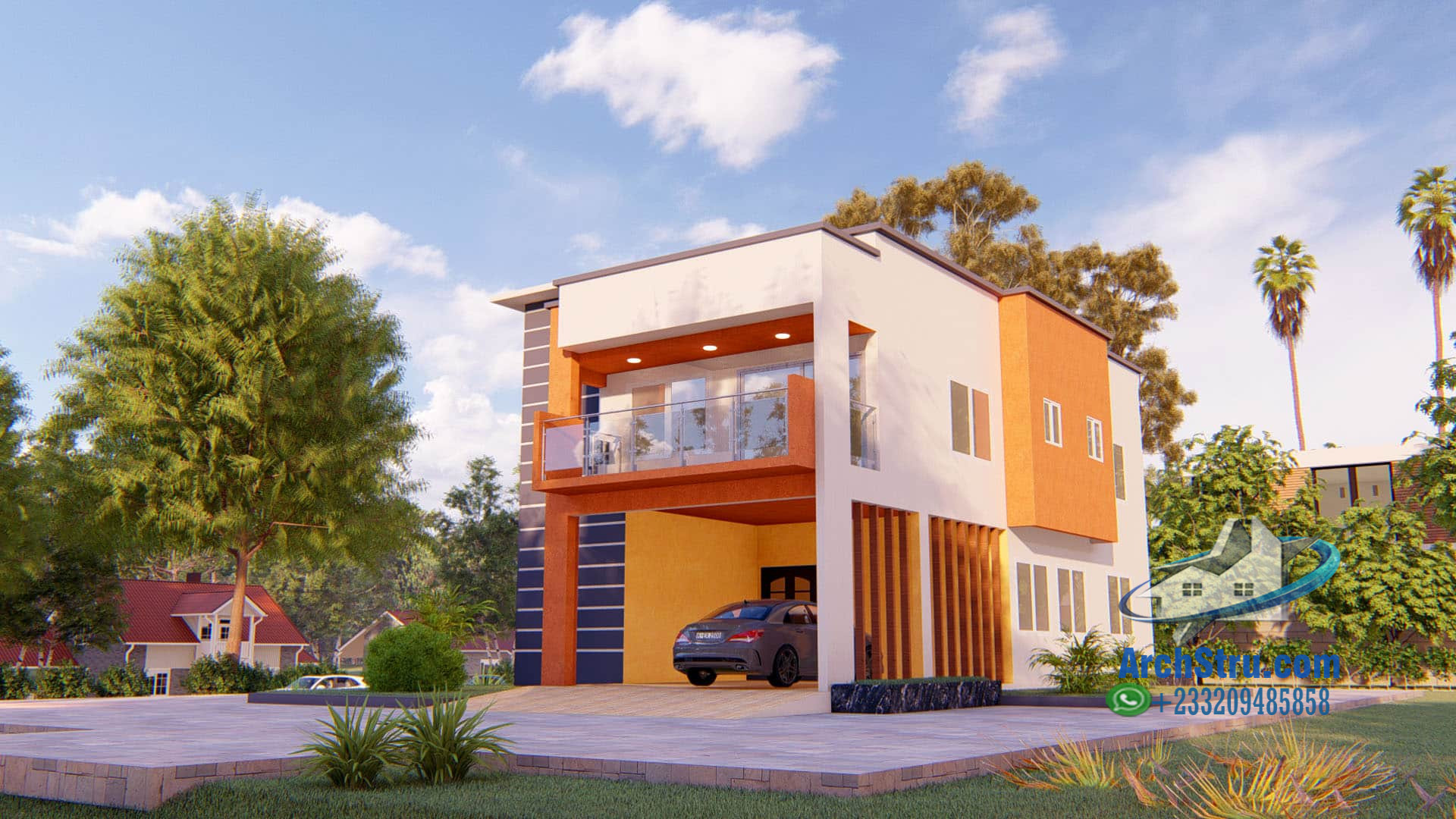 Modern 4-bedroom house with a large balcony and driveway