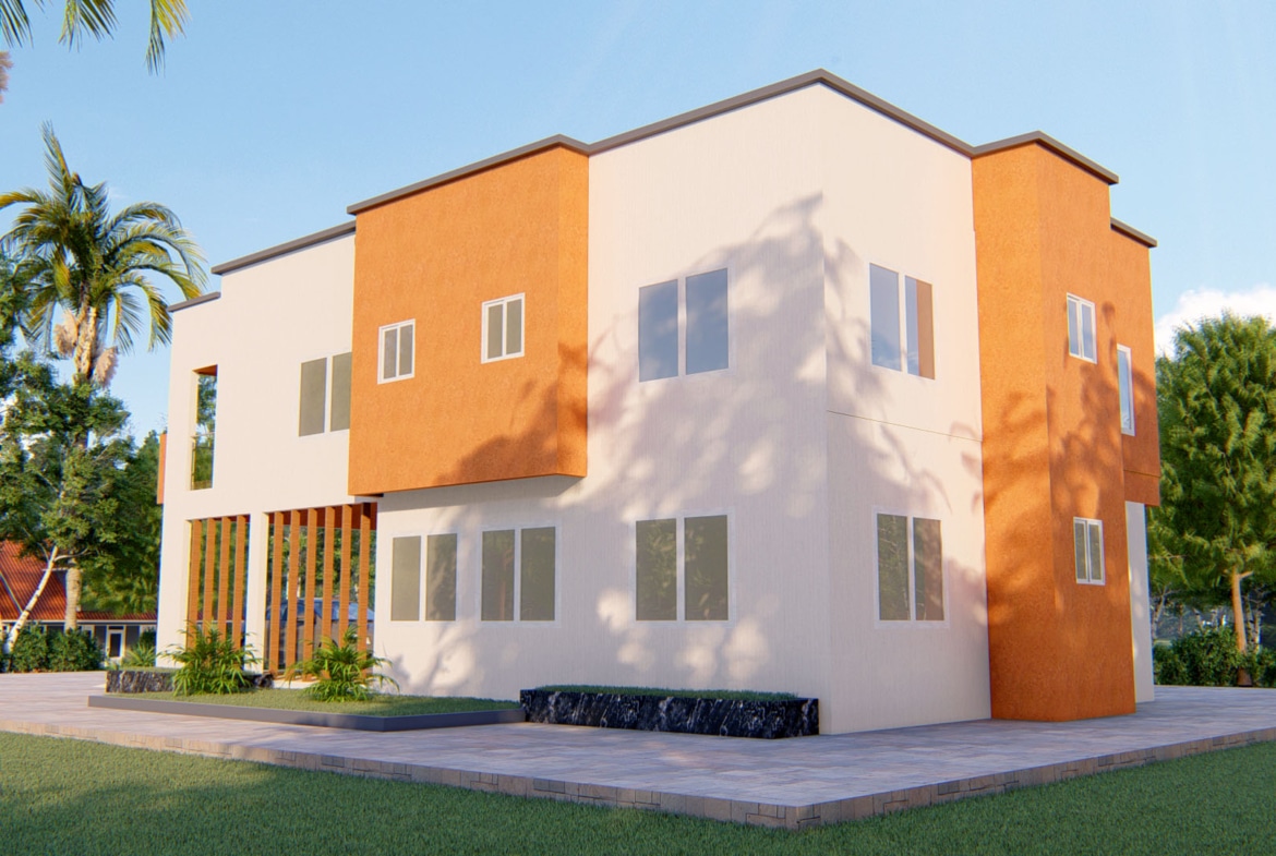 Modern 4-bedroom house with sleek design and landscaped surroundings