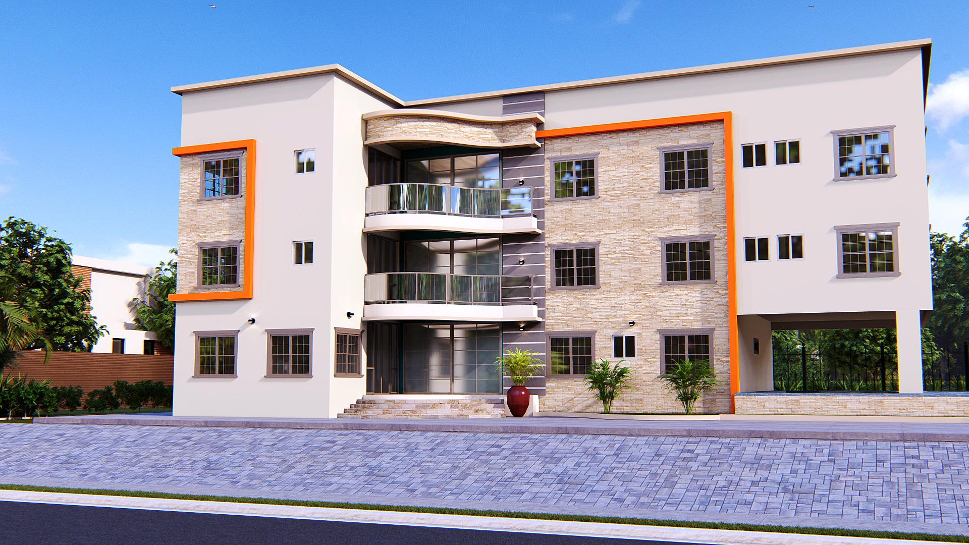 hotel exterior with glass windows and modern lighting