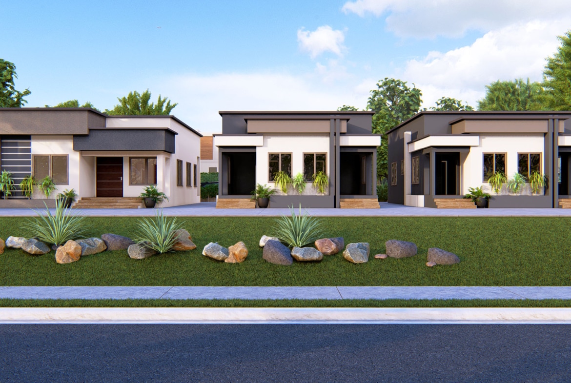 Modern 2-bedroom bungalow with contemporary design and landscaped front yard