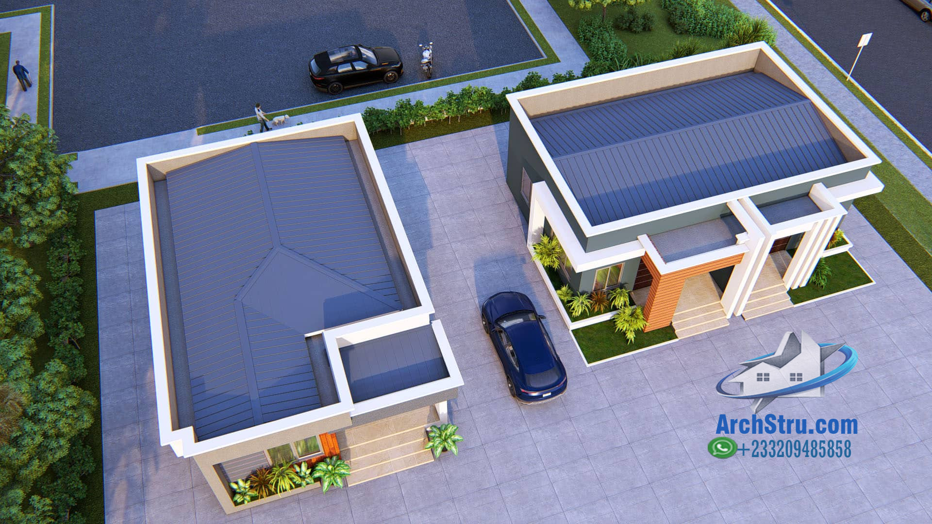 Modern 2-bedroom house design with unique roofing ideas in residential area