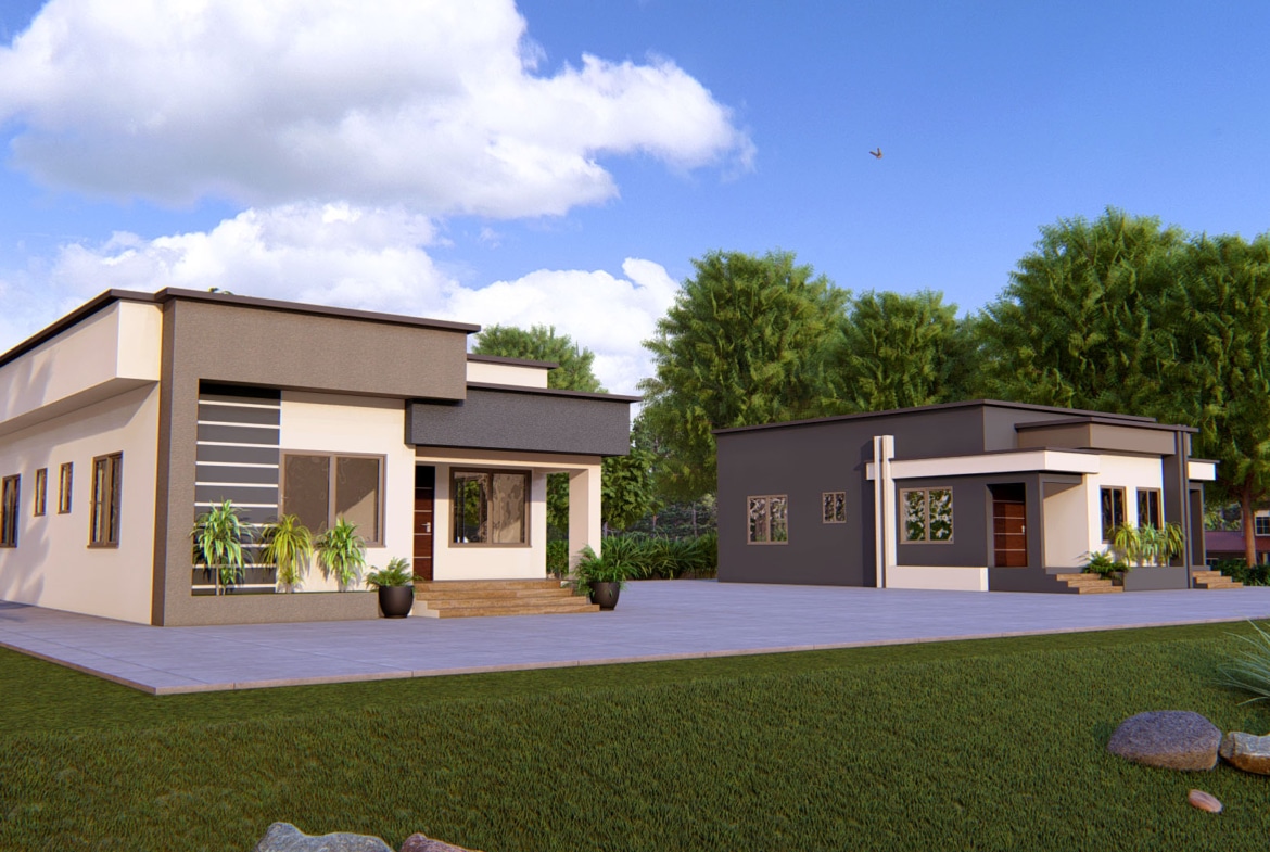 Modern 2-bedroom bungalow with sleek design and spacious outdoor area