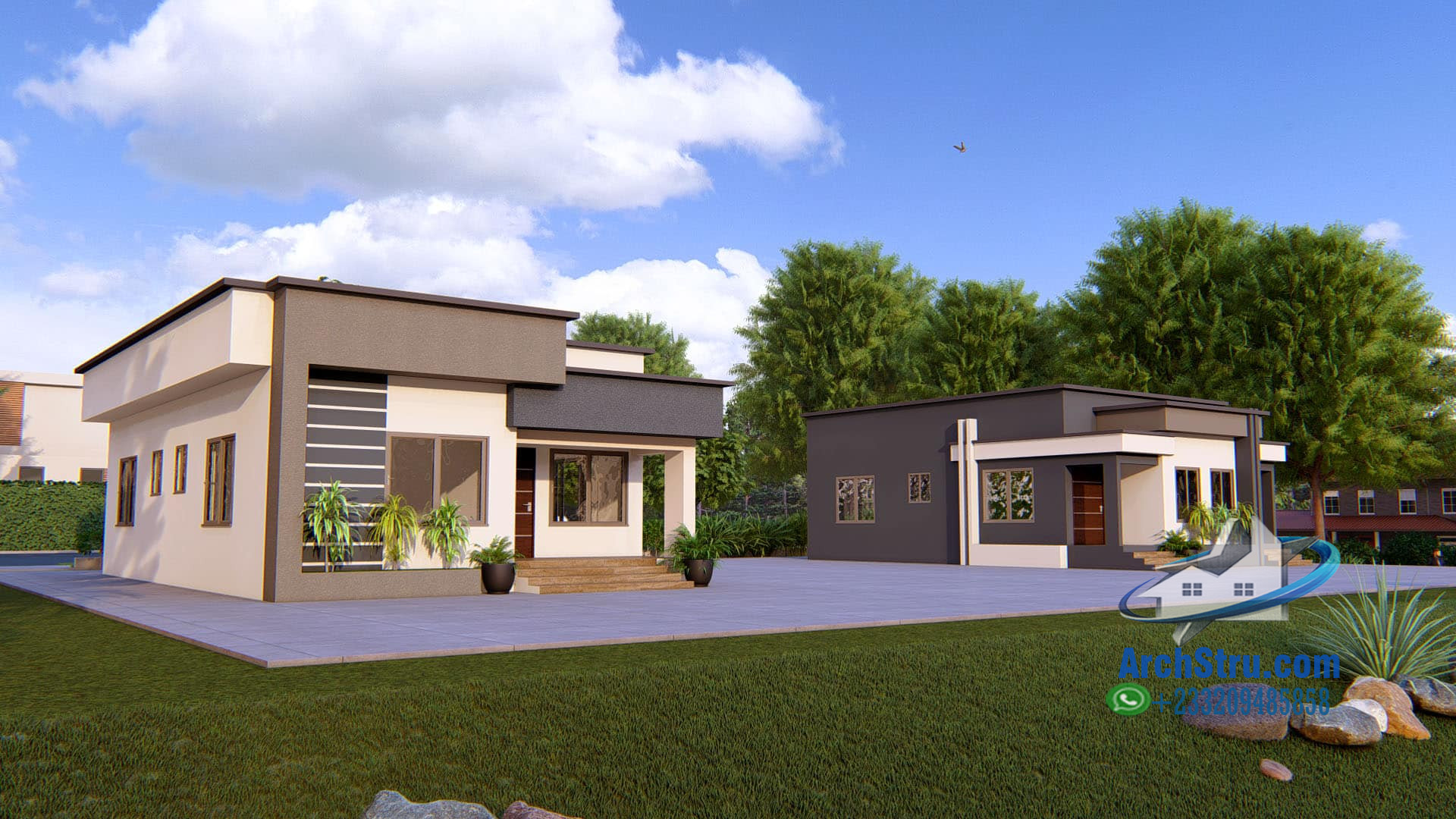 Modern 2-bedroom bungalow with sleek design and spacious outdoor area
