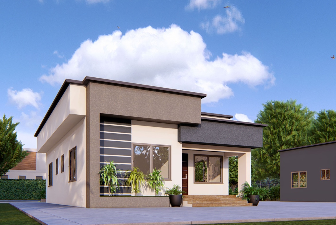 Modern 2-bedroom bungalow with minimalist design and large windows