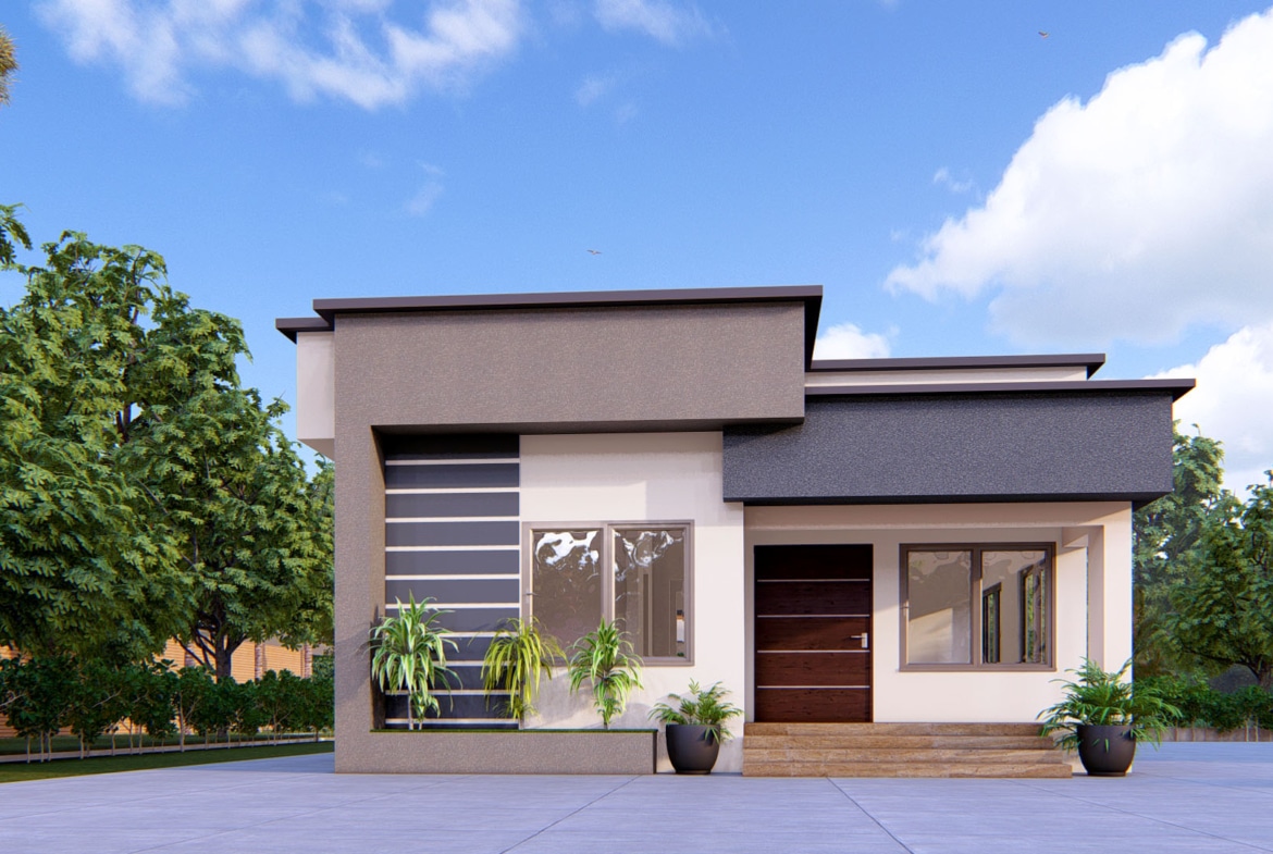 Modern 2-bedroom bungalow with sleek design and large windows