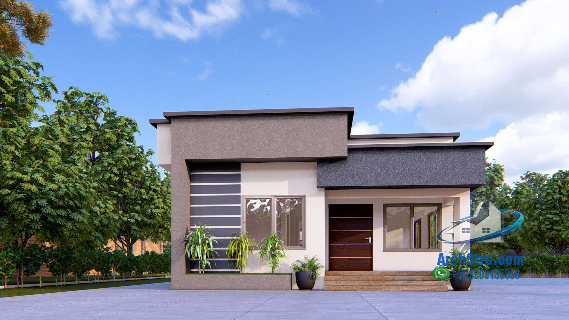 Modern 2-bedroom bungalow with sleek design and large windows