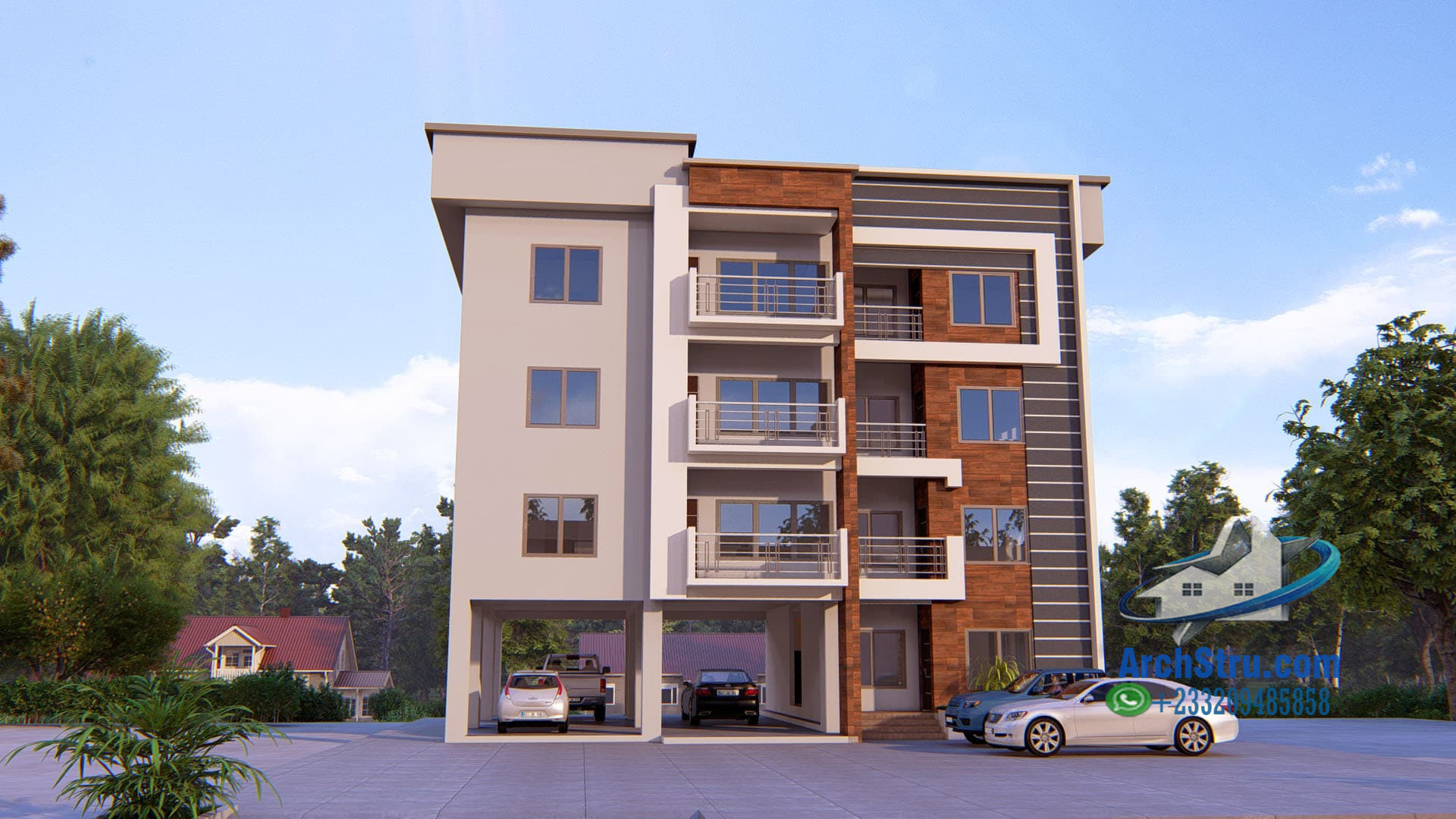 Modern four-story building with sleek architectural design