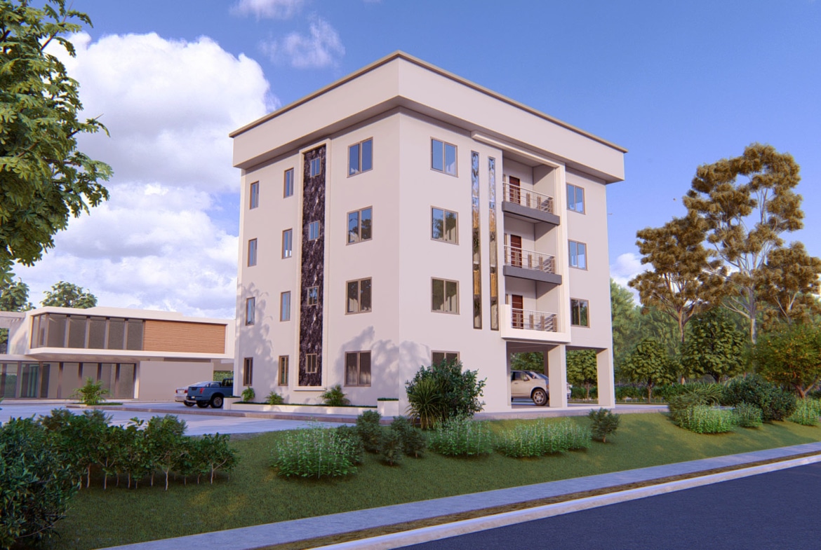 Modern architectural design of a four-story residential building