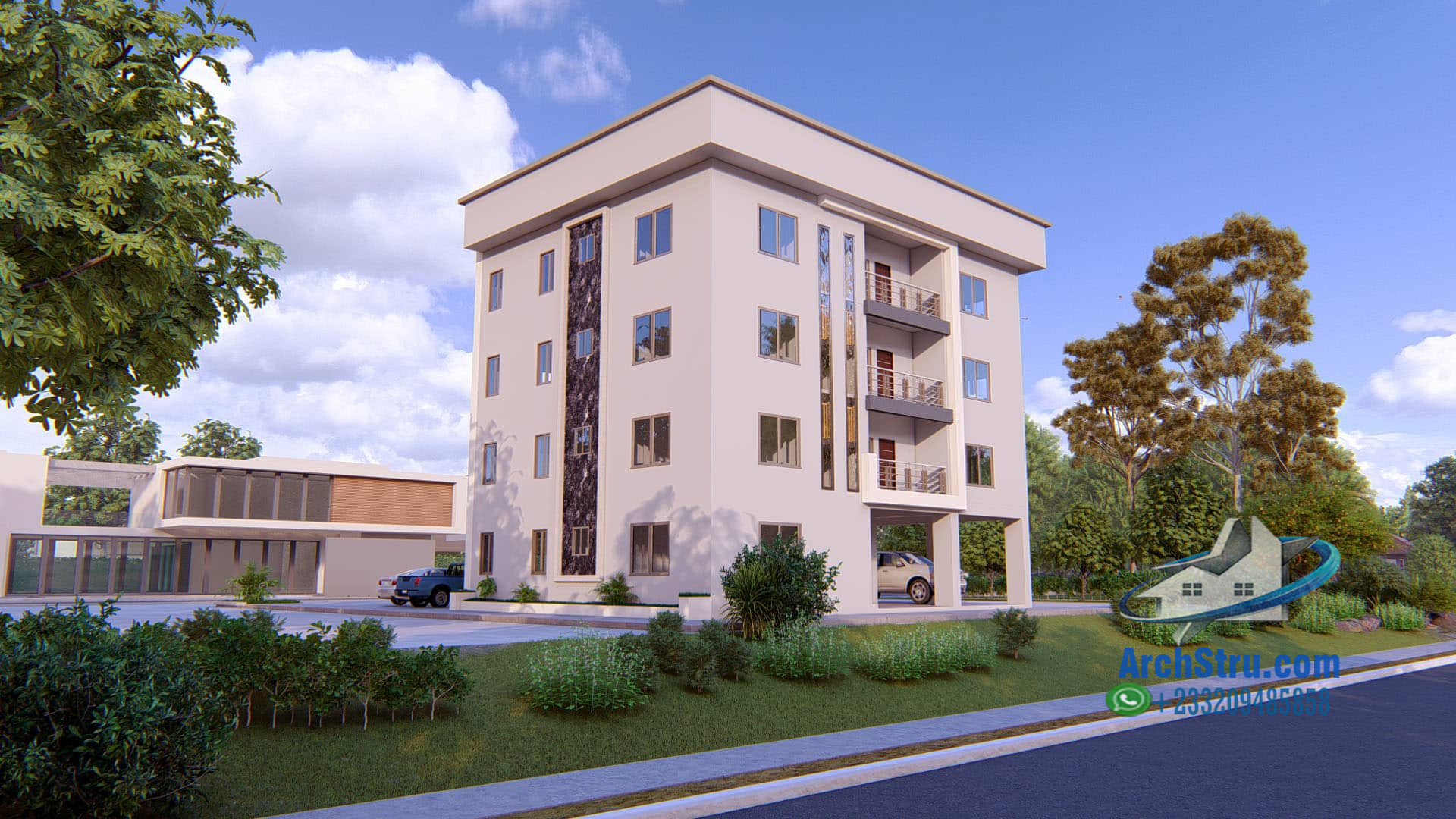 Modern architectural design of a four-story residential building