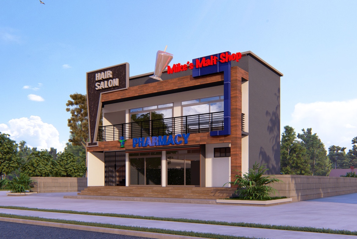 Modern shop design of a commercial building with hair salon and pharmacy