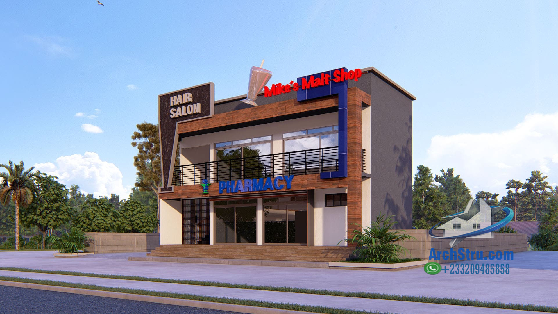 Modern shop design of a commercial building with hair salon and pharmacy