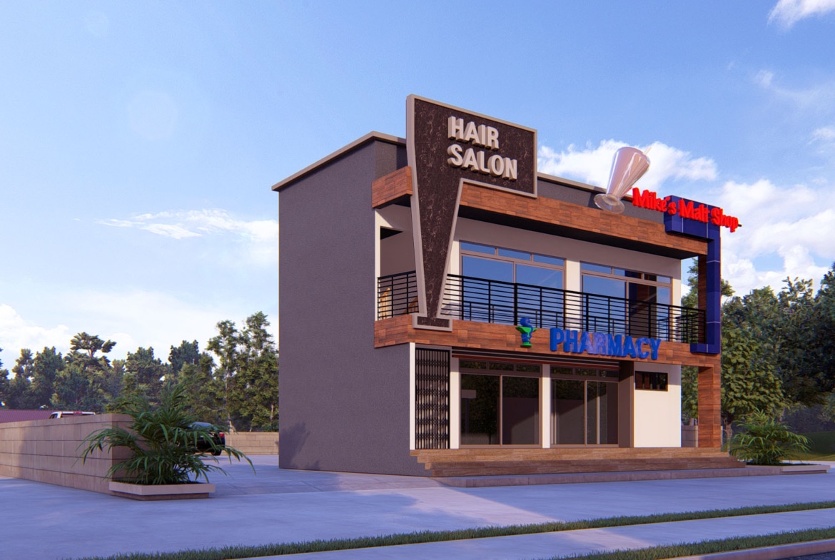 Modern shop design featuring a hair salon and pharmacy in commercial building