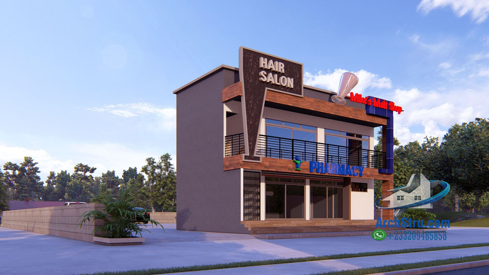Modern shop design featuring a hair salon and pharmacy in commercial building