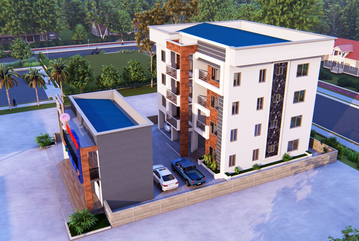 Modern shop and commercial building design with parking area
