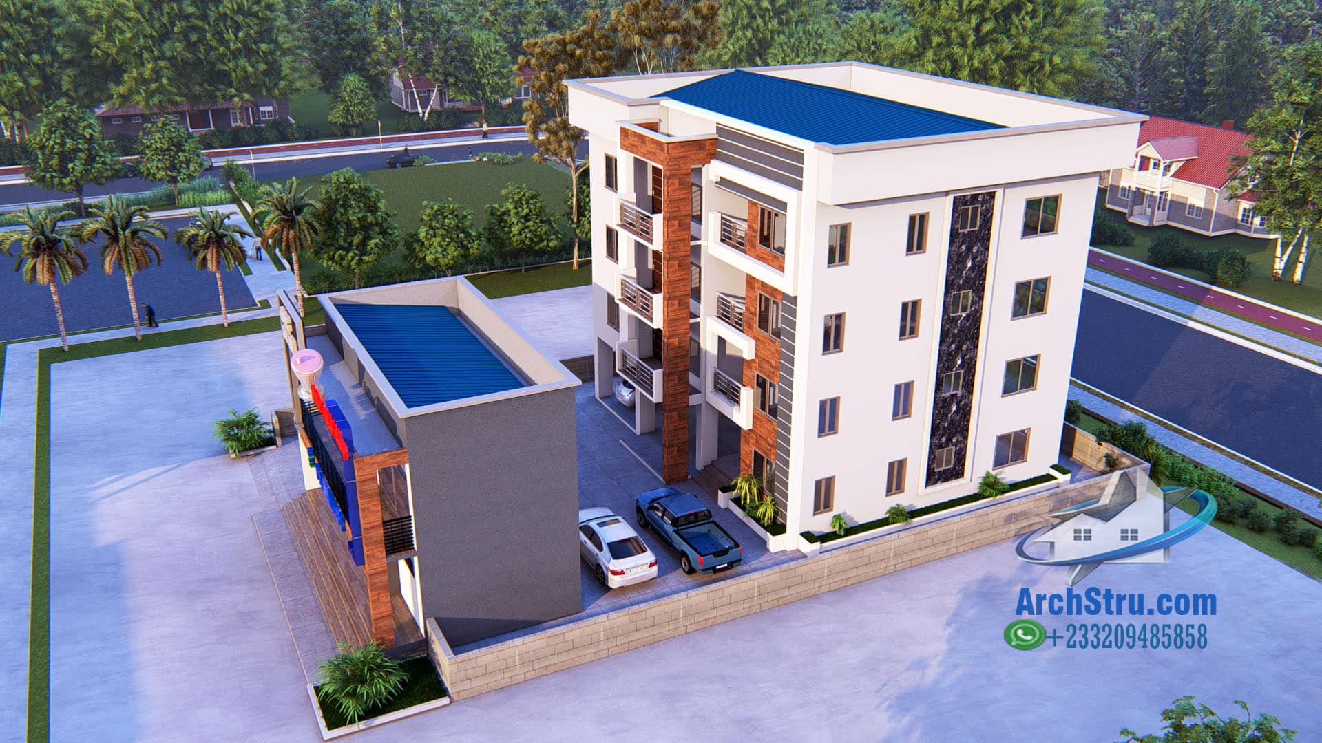 Modern shop and commercial building design with parking area