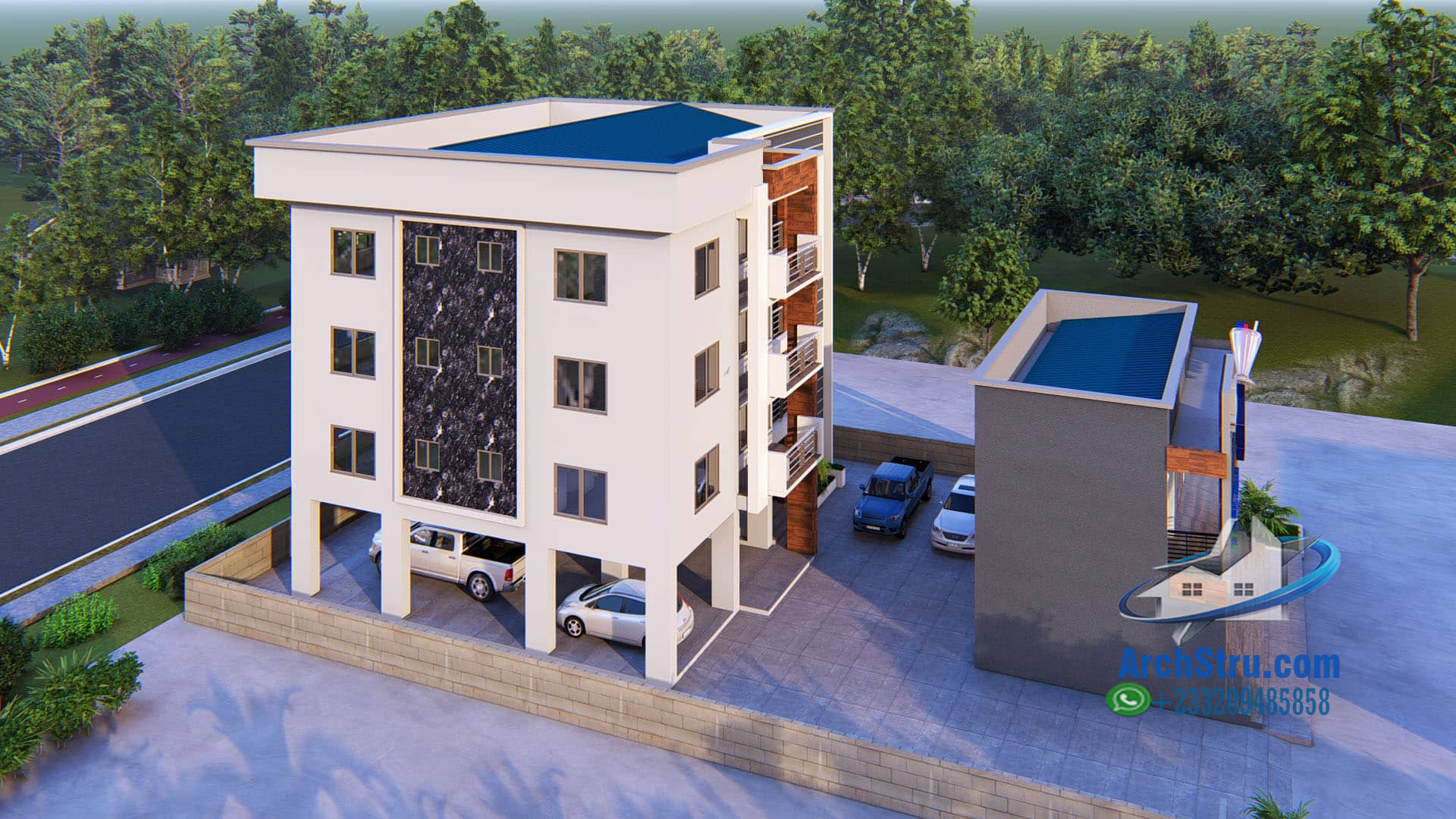 Modern architectural design of a multi-story residential building
