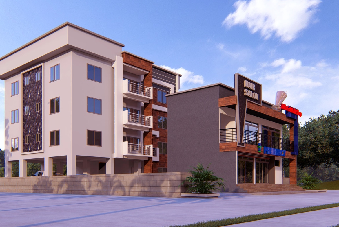 Modern architectural design of a mixed-use building with apartments and retail space