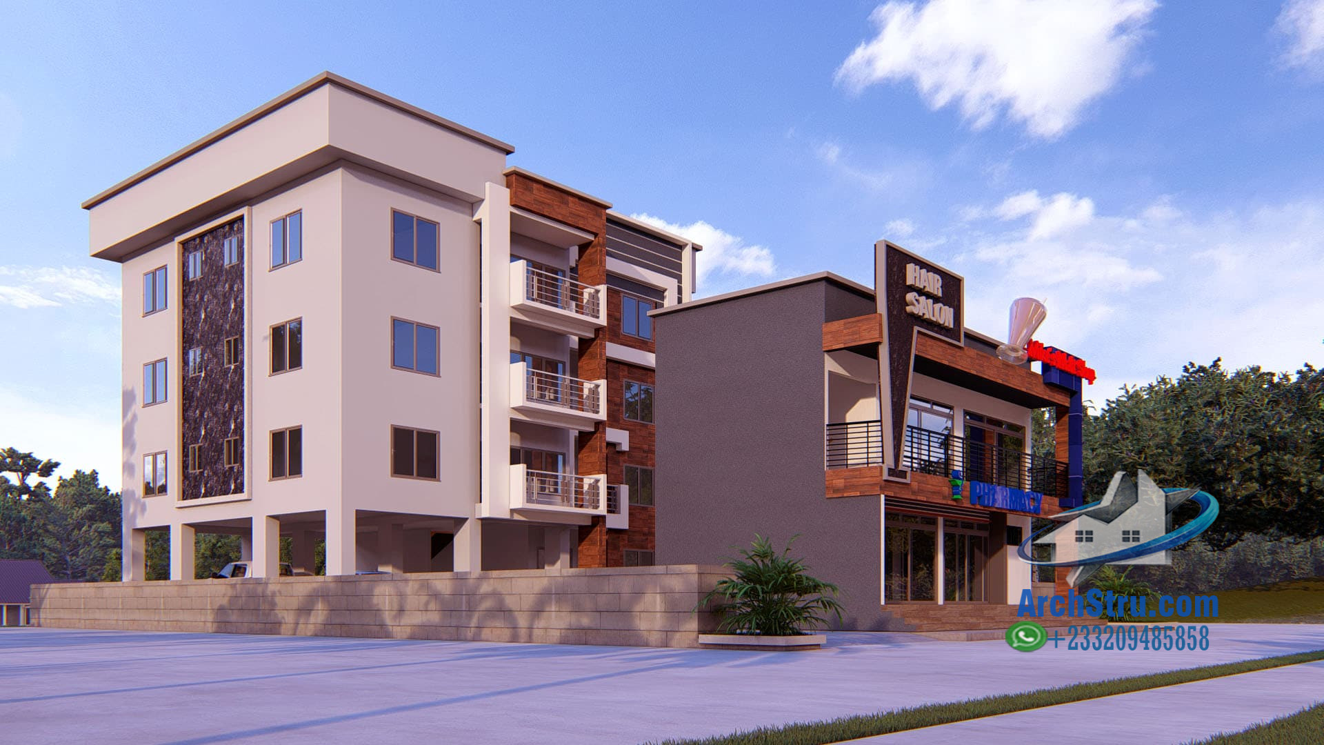 Modern architectural design of a mixed-use building with apartments and retail space