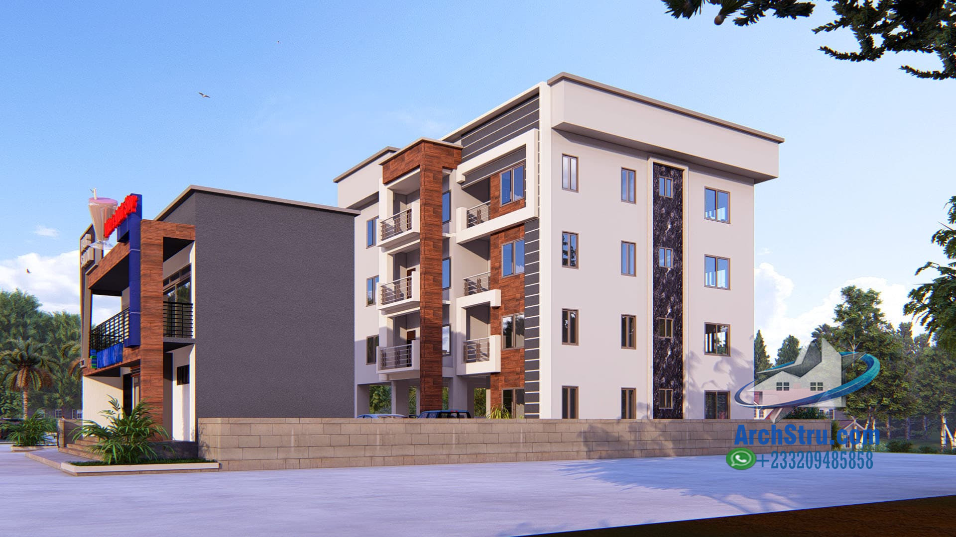 Modern architectural design of residential buildings under blue sky