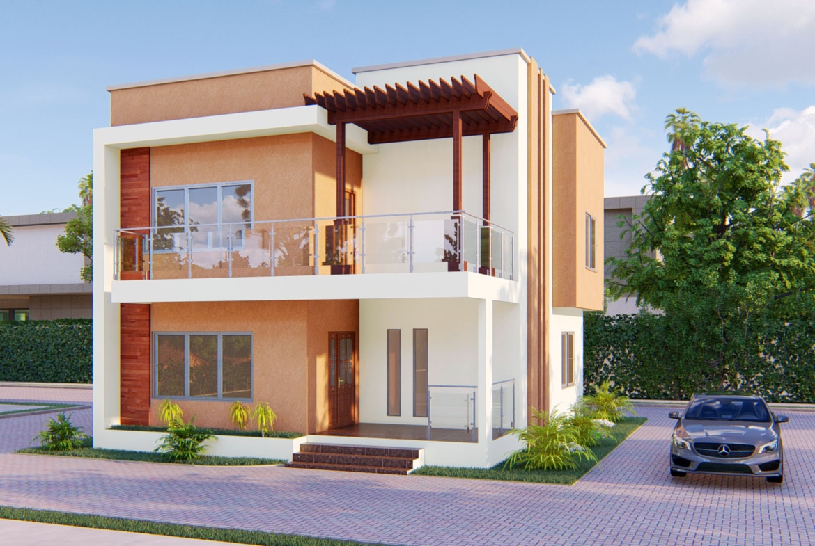 Modern two-story house design in Ghana with luxury car and lush surroundings