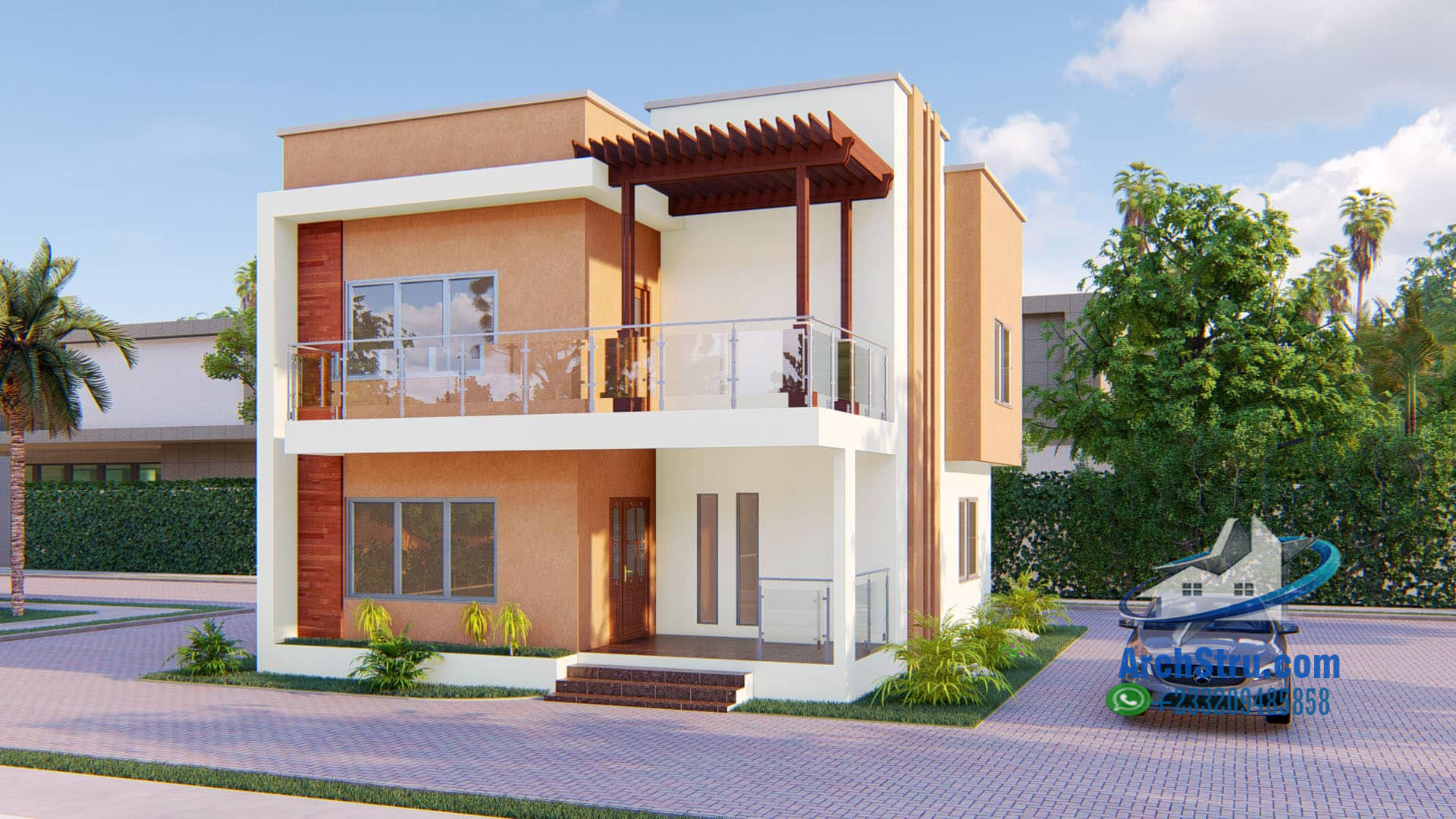 Modern two-story house design in Ghana with luxury car and lush surroundings