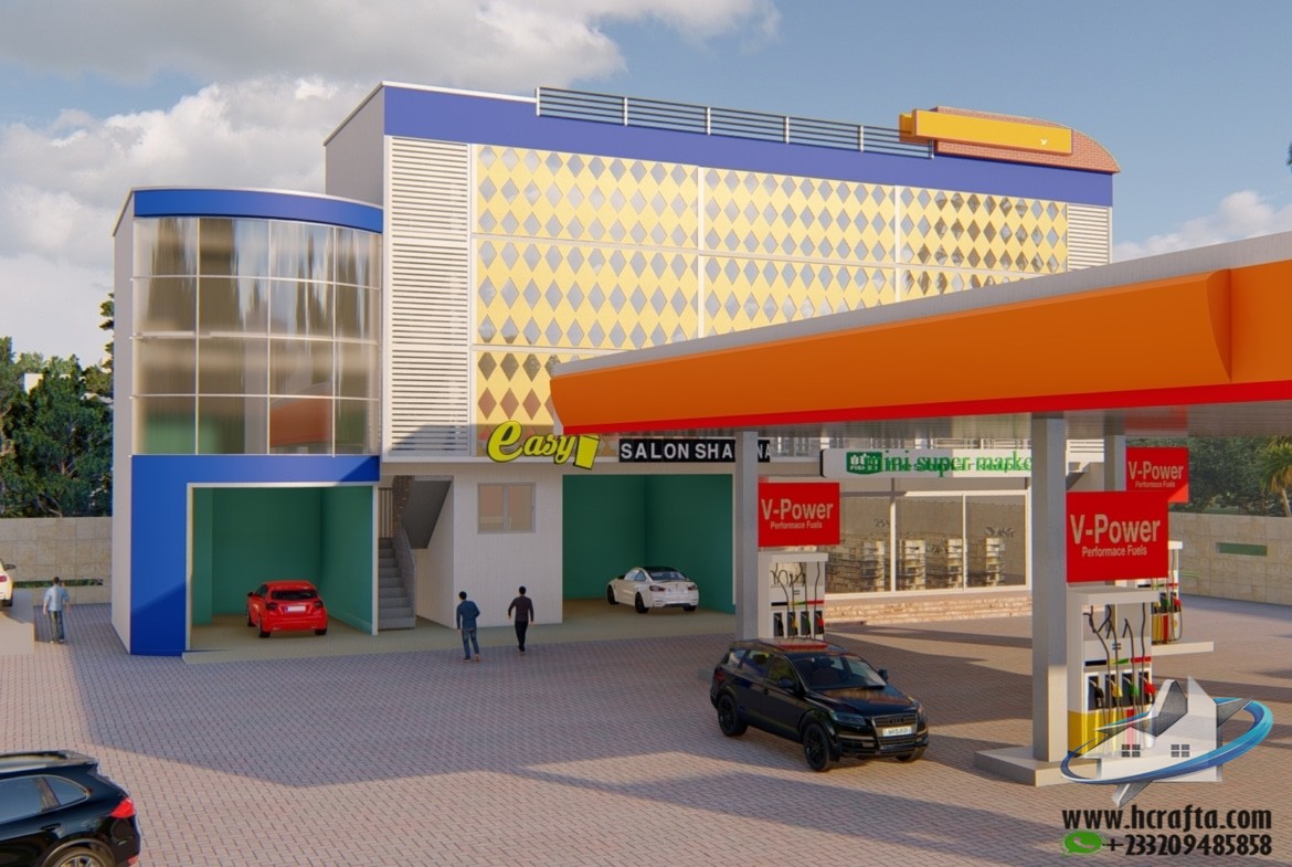 Modern fuel service station design featuring multiple fuel pumps, a spacious canopy, and well-organized parking