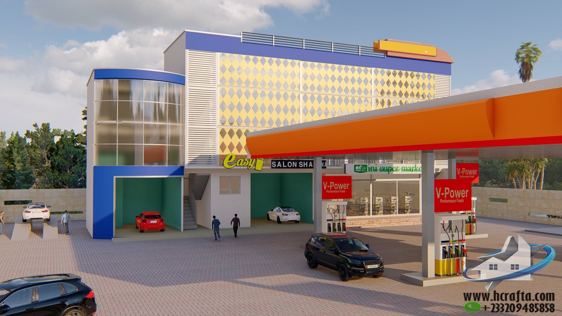 Modern fuel service station design featuring multiple fuel pumps, a spacious canopy, and well-organized parking
