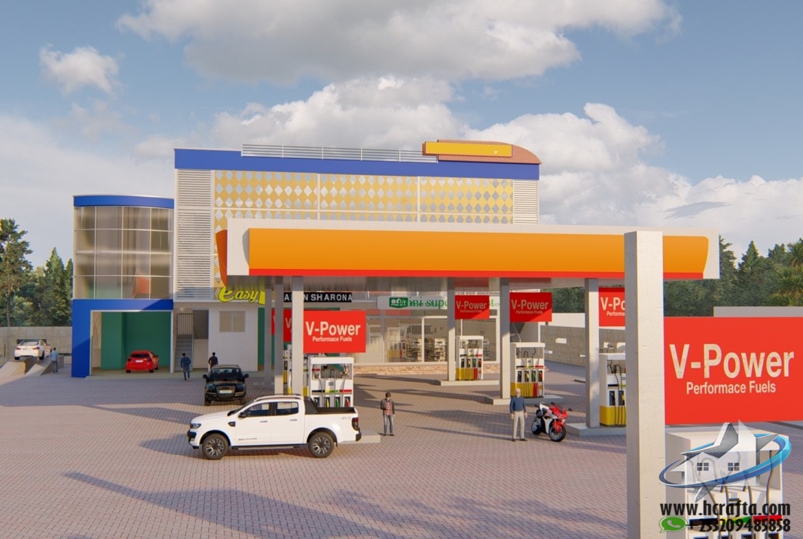 fuel service station architecture with parking and access roads