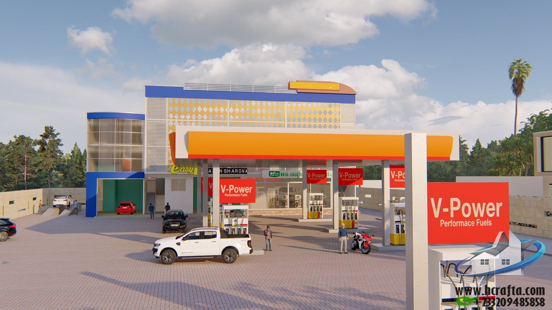 fuel service station architecture with parking and access roads