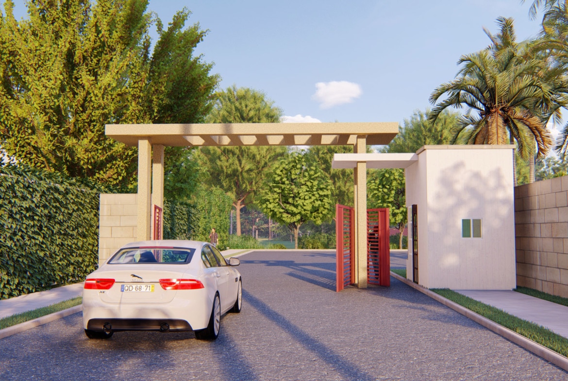 residential estate entrance gate with modern fencing