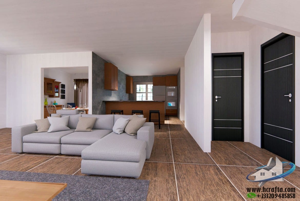 modern living area with dining room interior layout