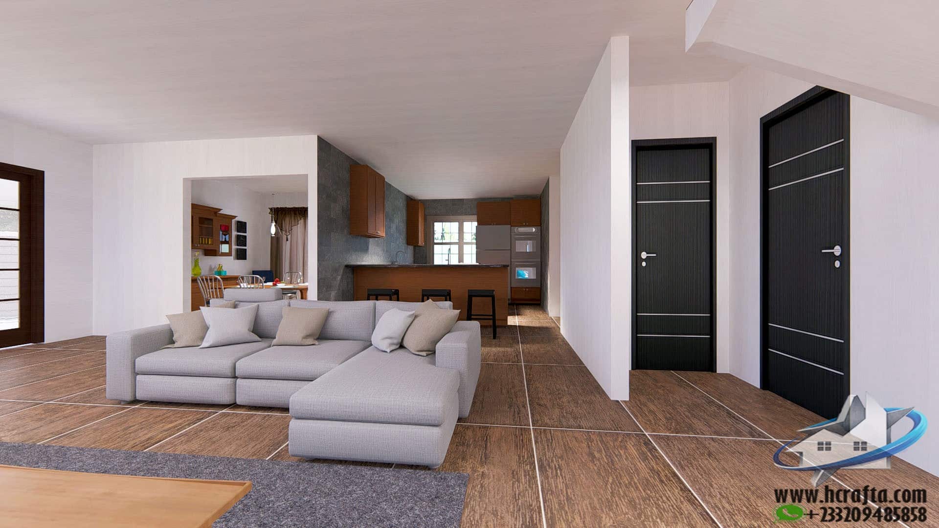 modern living area with dining room interior layout