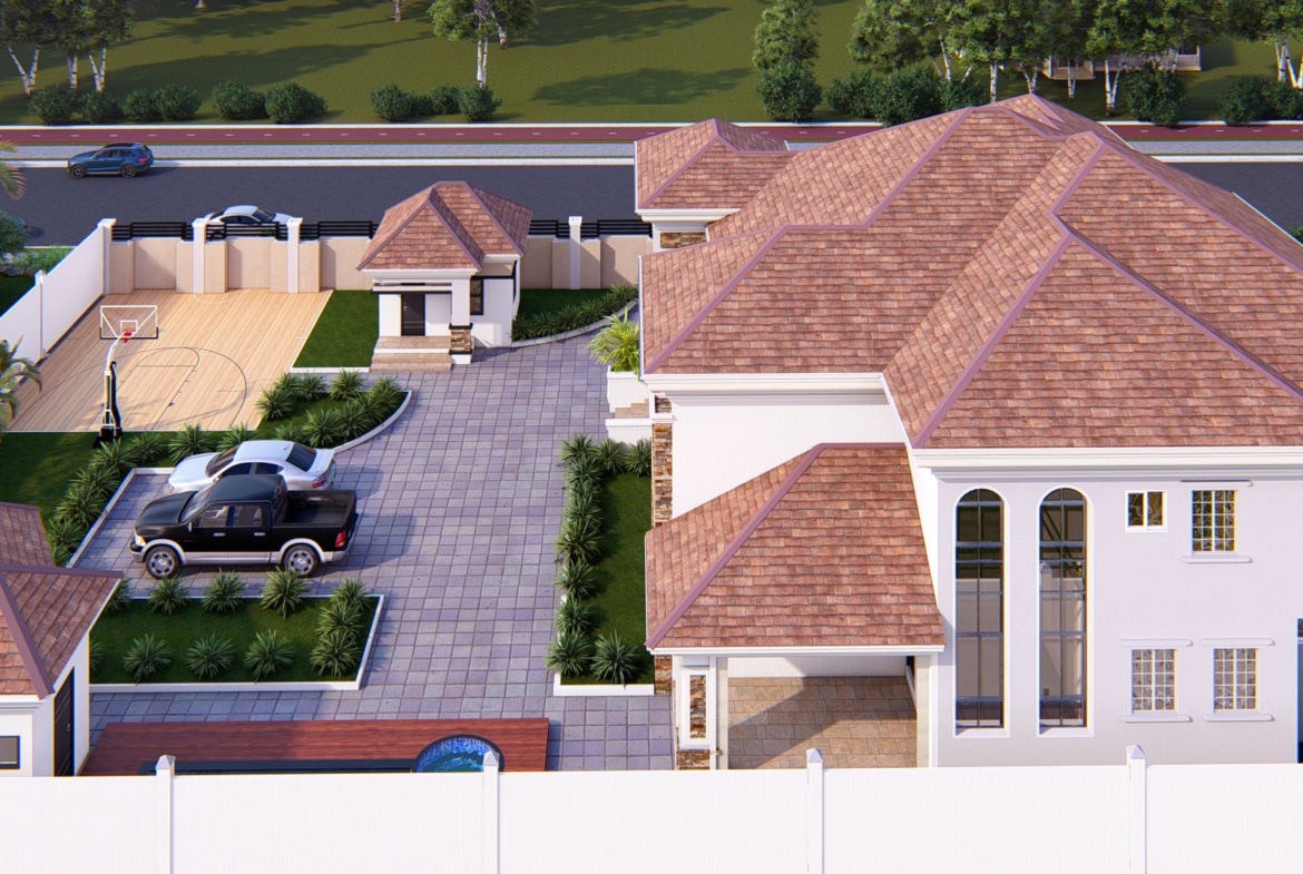 modern residential landscape with lawn and decorative plants