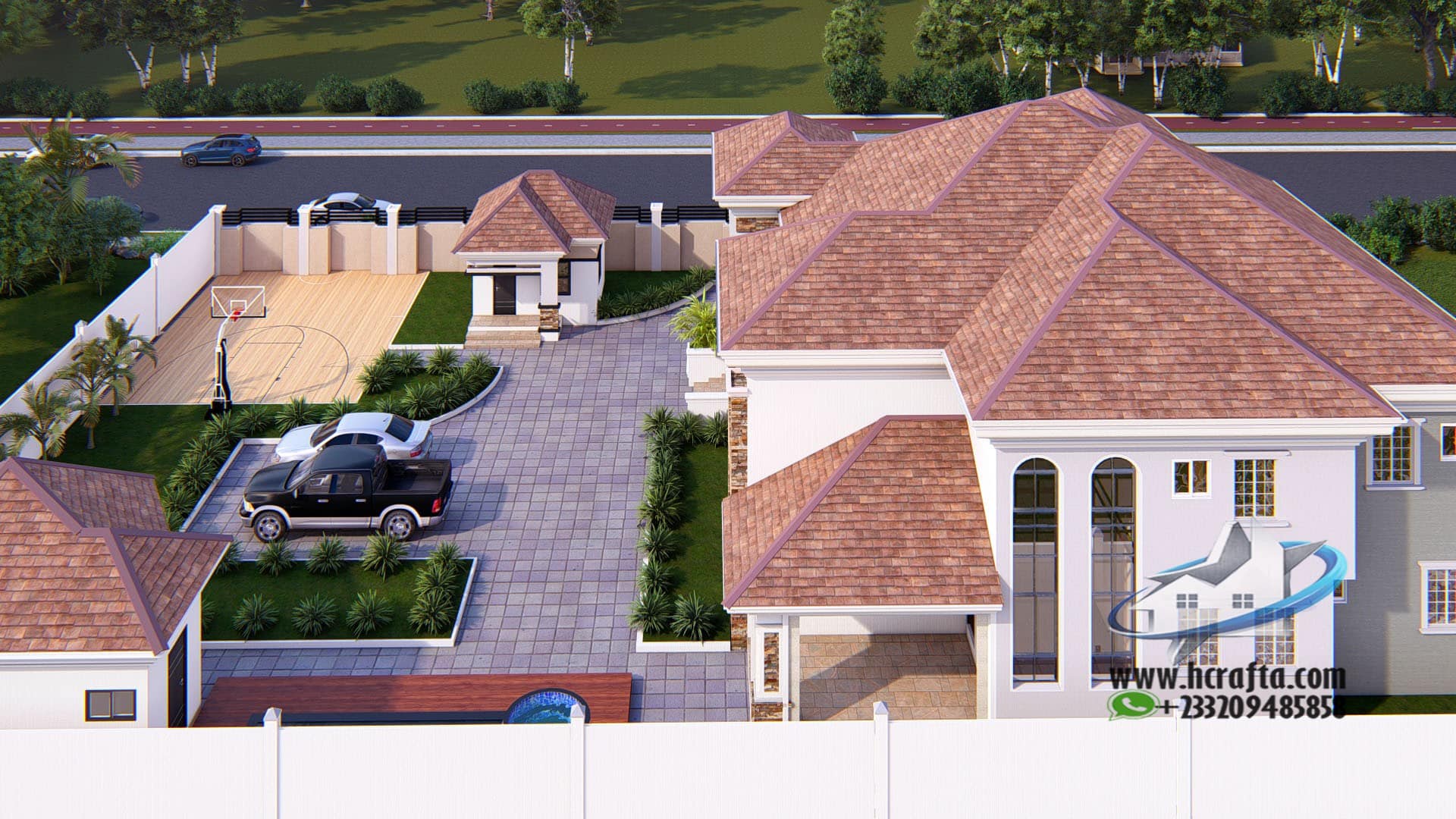 modern residential landscape with lawn and decorative plants