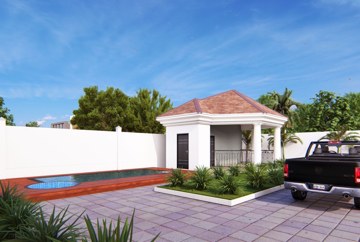 residential landscape design with outdoor seating area