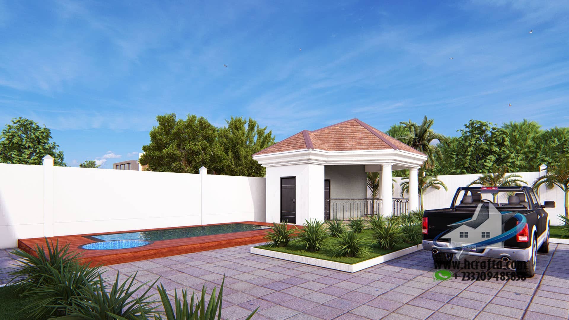residential landscape design with outdoor seating area
