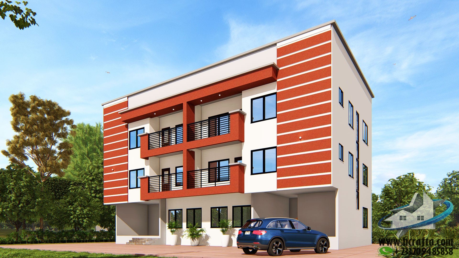 Three-storey apartment building design with modern architecture