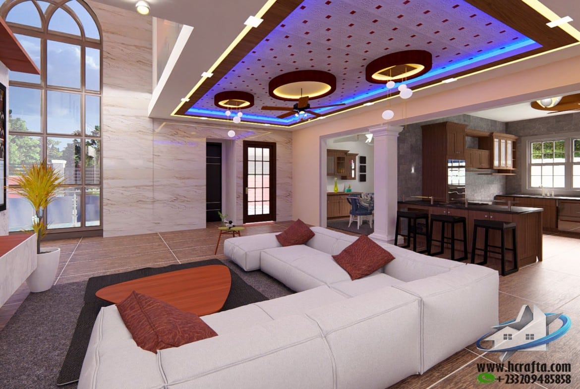 open concept living room with modern lighting design