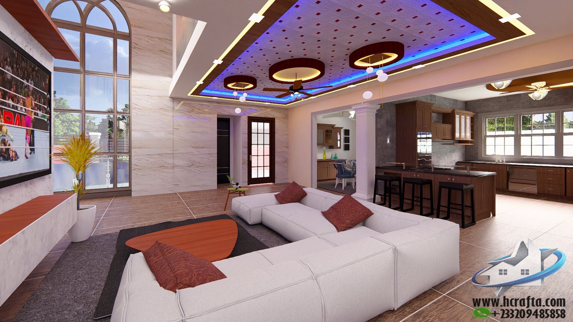 modern-open-plan-interior-design open concept living room with modern lighting design