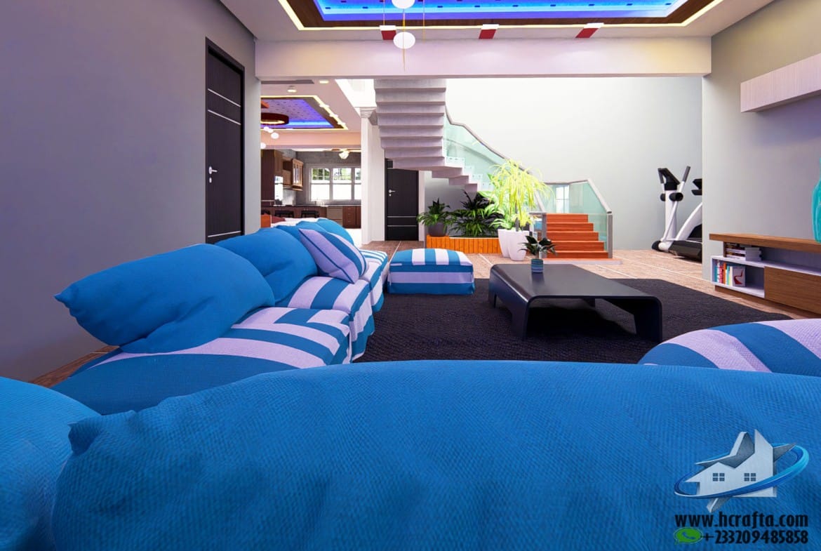 open concept living and dining room night interior