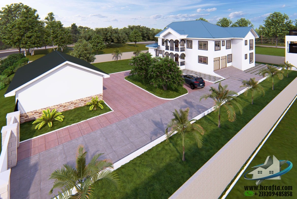 Ghana landscape design with palm trees and flowers