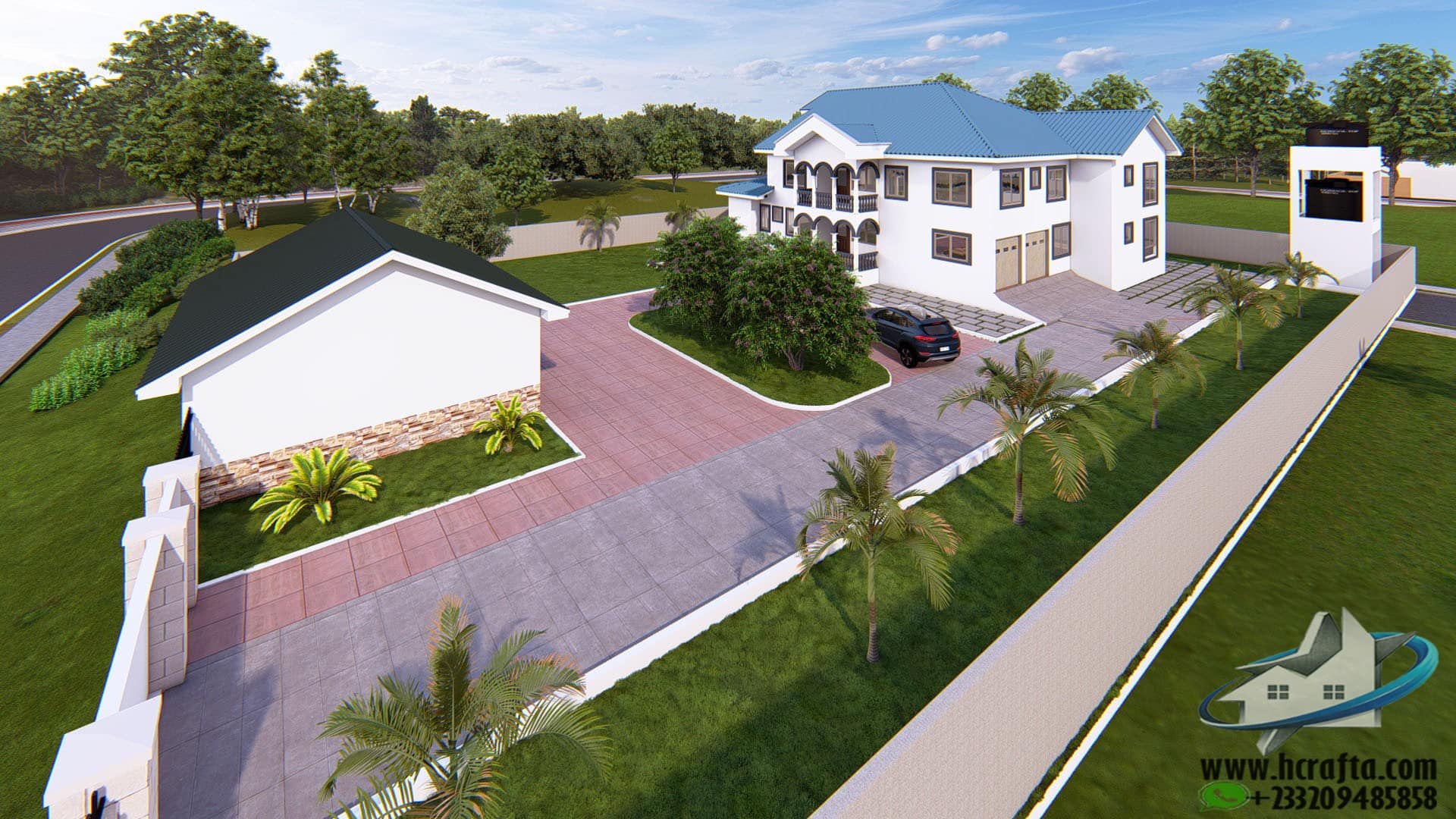 Ghana landscape design with palm trees and flowers