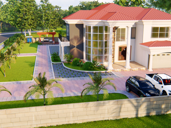 Modern home with tropical landscape design ideas and palm trees