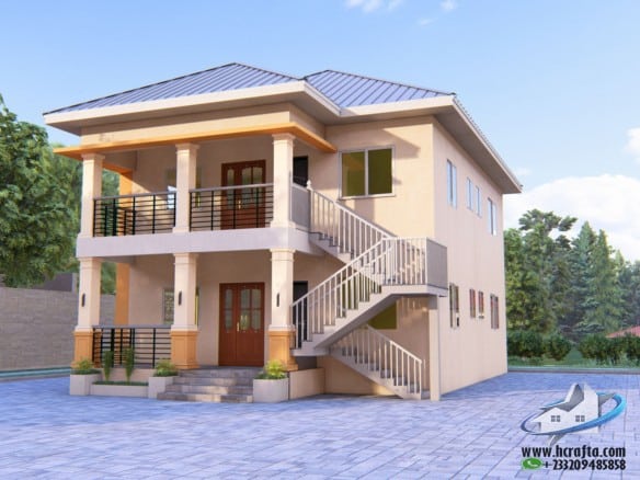Modern roofing and exterior finishing for a 2 bedroom flat house plan