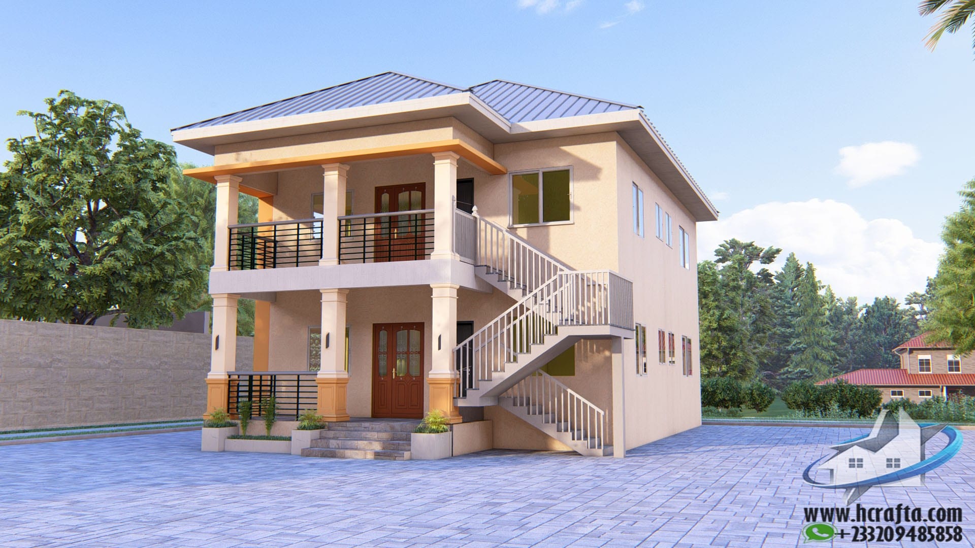 Modern roofing and exterior finishing for a 2 bedroom flat house plan