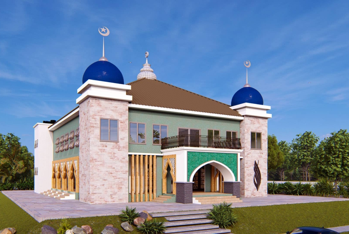 Modern Islamic mosque design in Ghana with distinctive blue domes