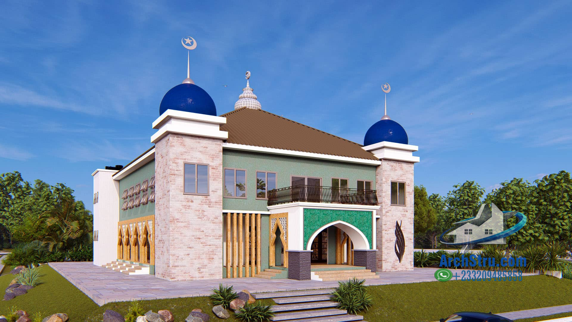 Modern Islamic mosque design in Ghana with distinctive blue domes